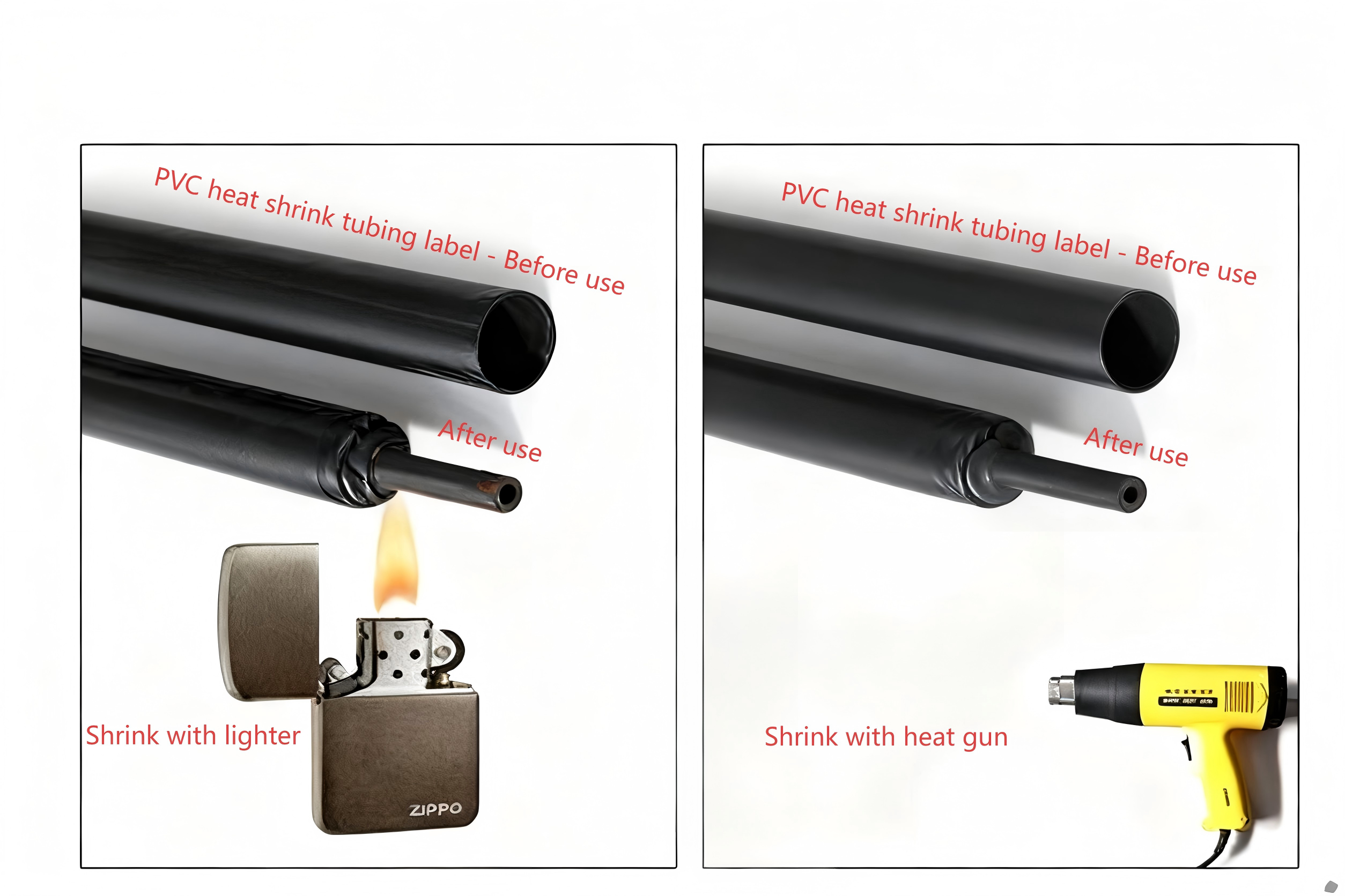 PVC heat shrink tubing labels before and after heating After heating, they tightly wrap the cable, becoming waterproof and wear-resistant