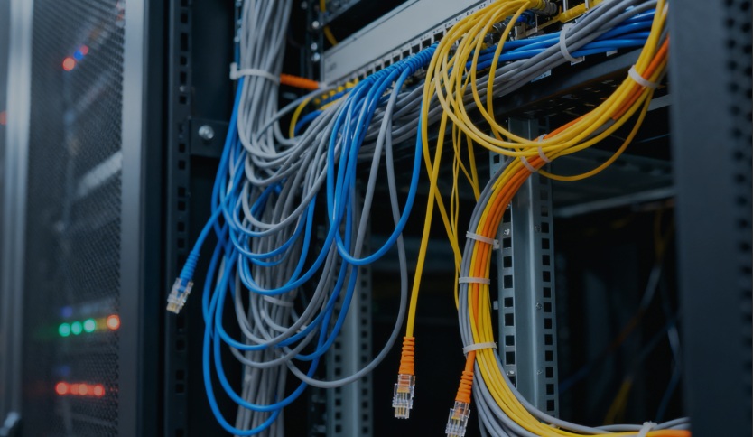 Tangled cables in server room